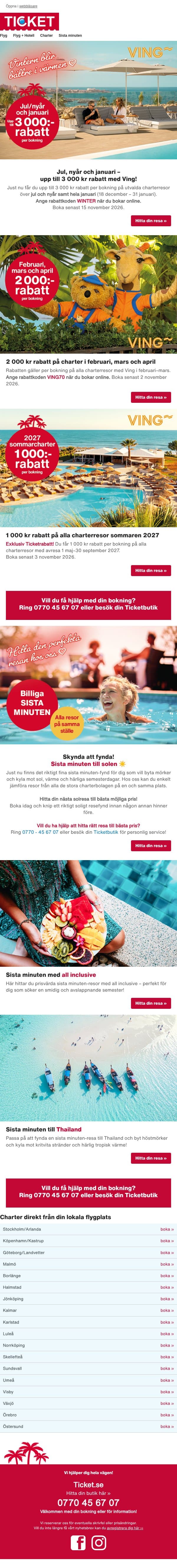 Upp till 3 000 kr rabatt på charter med Ving email from Ticket screenshot