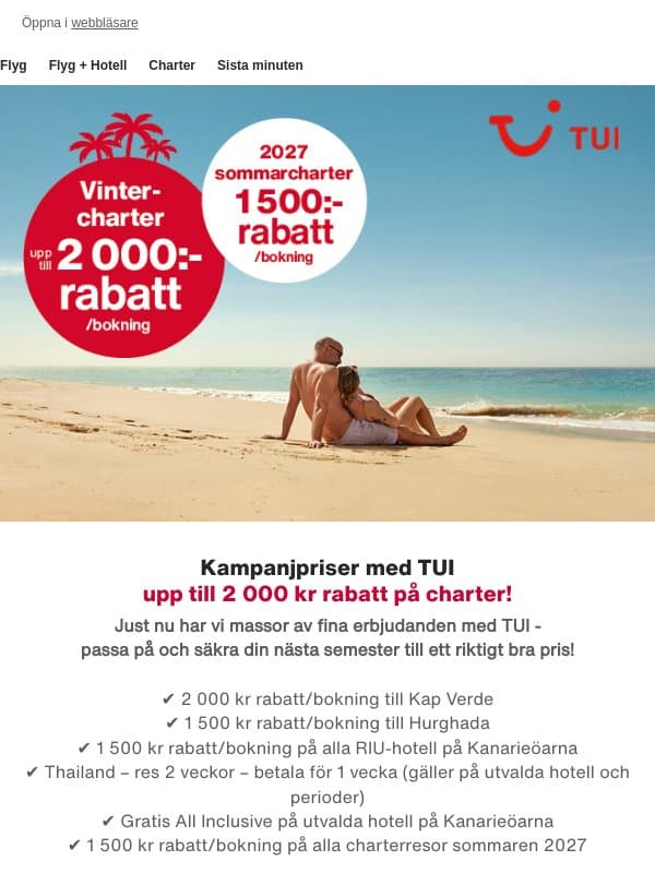 2 000 kr rabatt på vintercharter med TUI email from Ticket