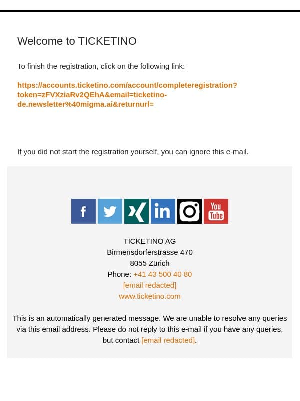 Confirm registration at TICKETINO email from Ticketino