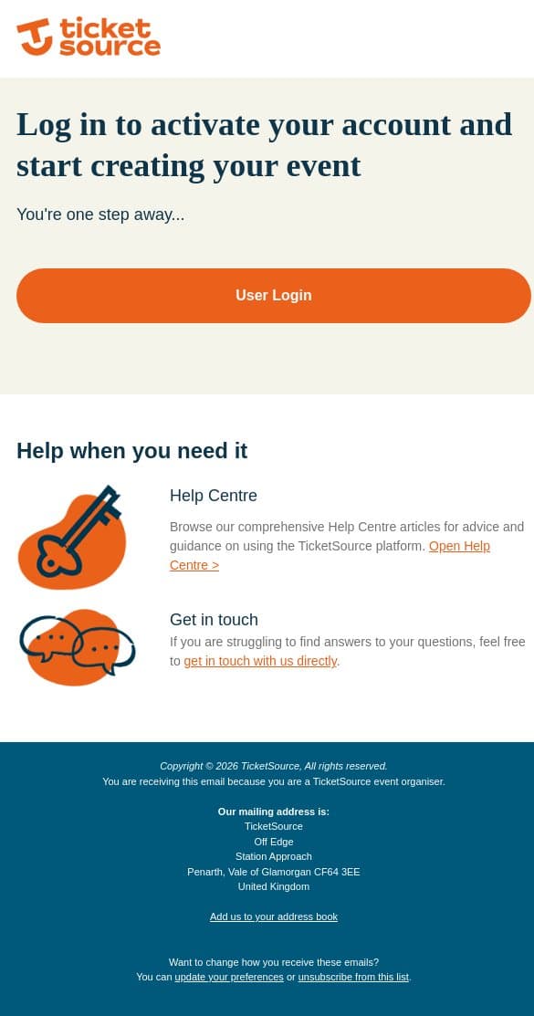 Activate Your Account email from TicketSource screenshot