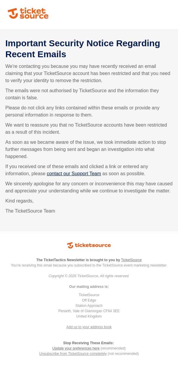Security Notice: Ignore Recent Fraudulent Emails email from TicketSource screenshot