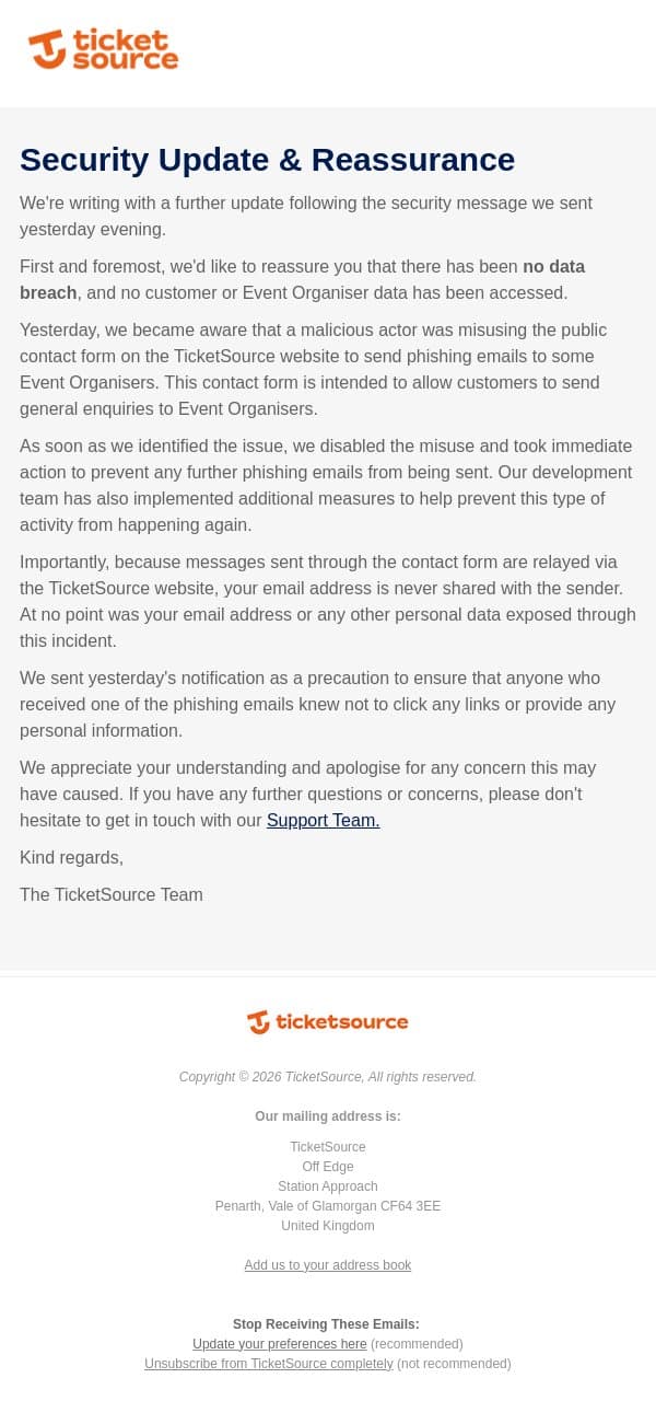 Security Update: Yesterday's Security Notice email from TicketSource screenshot