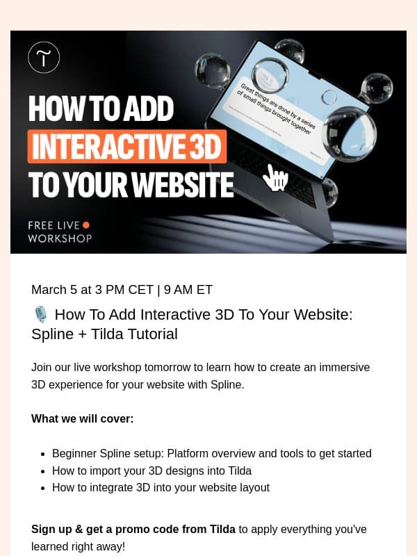 🎙️ Live Tomorrow: How To Add Interactive 3D To Your Website (Spline + Tilda Tutorial) email from Tilda