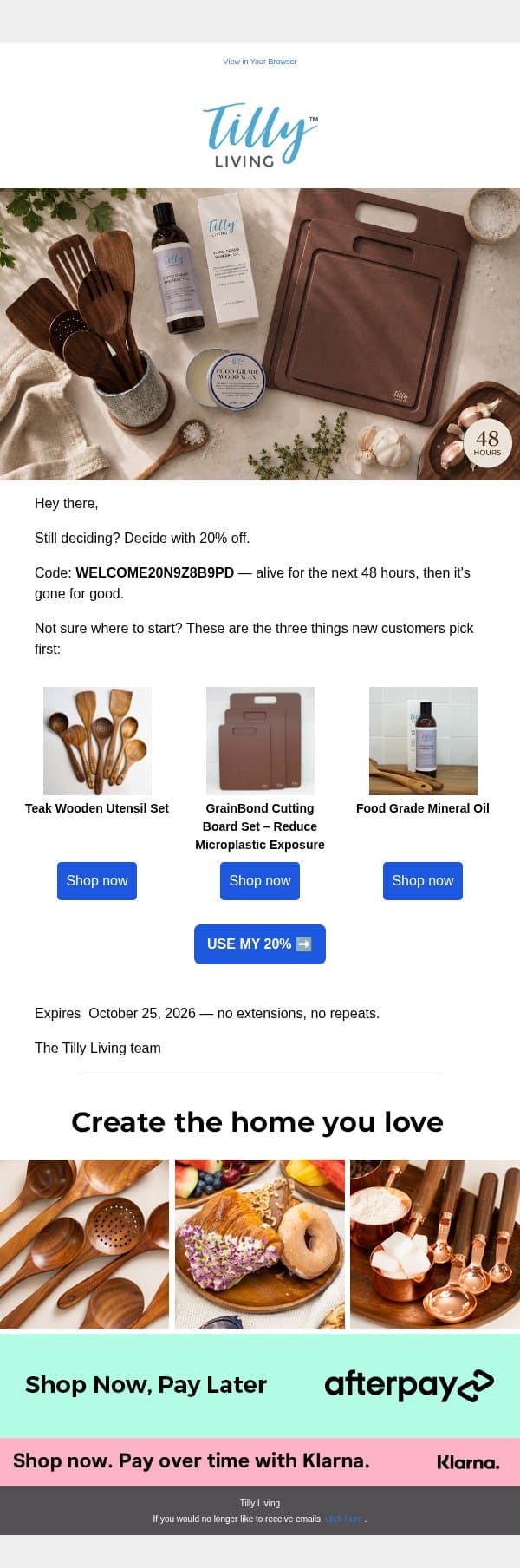 Your code just doubled — 20% off for 48 hours email from Tilly Living screenshot