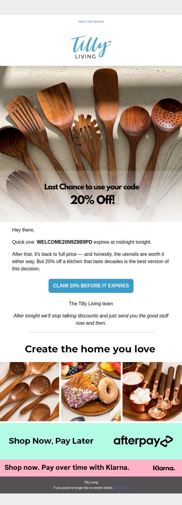 Last chance to spend your 20% off code! email from Tilly Living screenshot