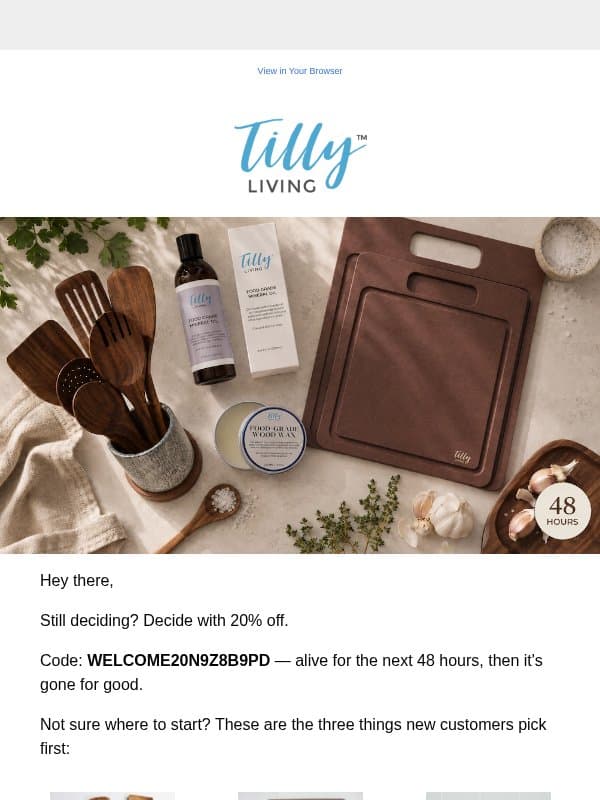 Your code just doubled — 20% off for 48 hours email from Tilly Living
