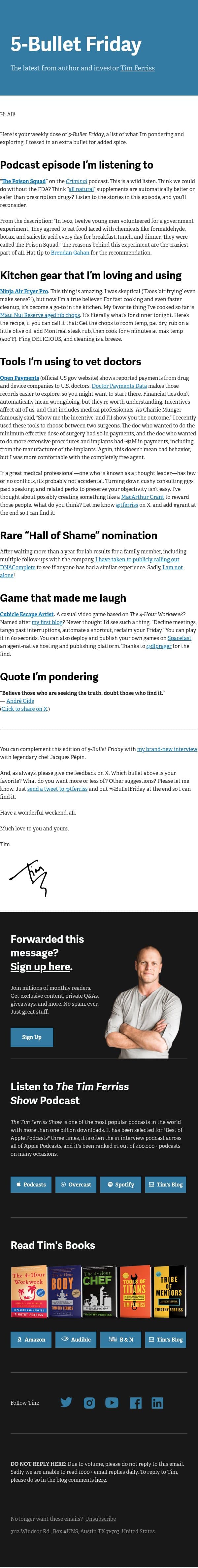 5-Bullet Friday — The Poison Squad, How I Chose a Surgeon, Air Fryers, and More email from Tim Ferriss screenshot