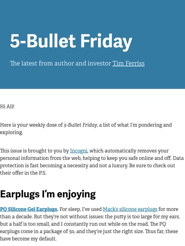 5-Bullet Friday — Earplugs for Better Sleep, Secret Drone Factories, 120+ TV Episodes of Bliss, and The Future of Companies email from Tim Ferriss