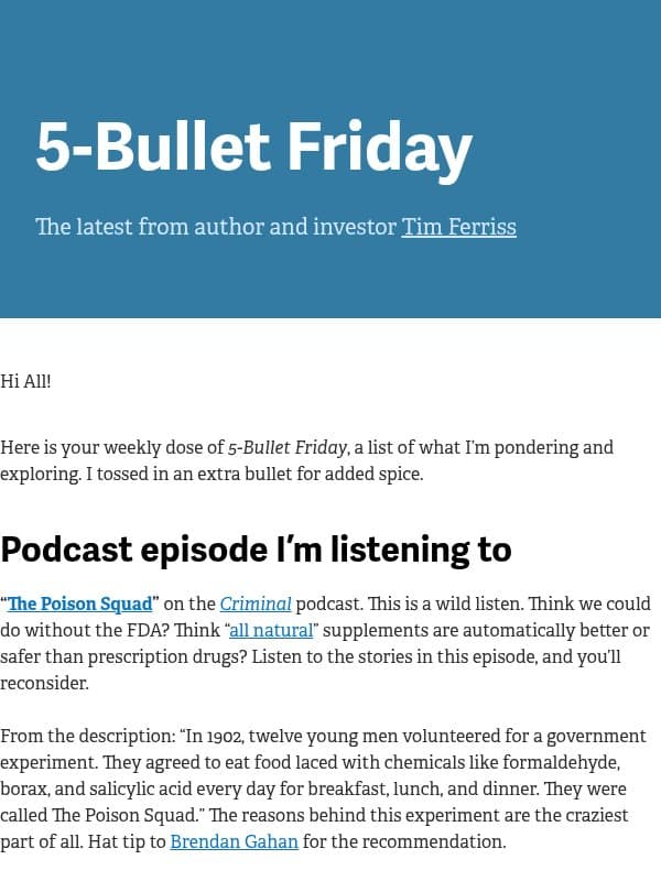5-Bullet Friday — The Poison Squad, How I Chose a Surgeon, Air Fryers, and More email from Tim Ferriss