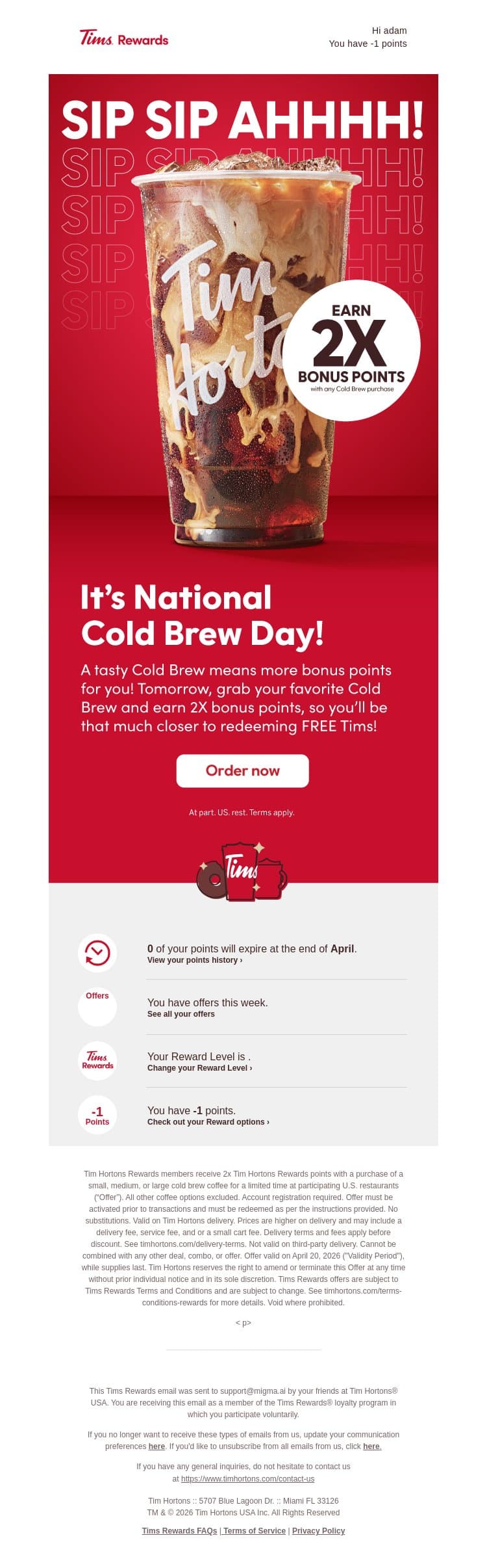 Tomorrow only: 2X Points on Cold Brew email from Tim Hortons screenshot