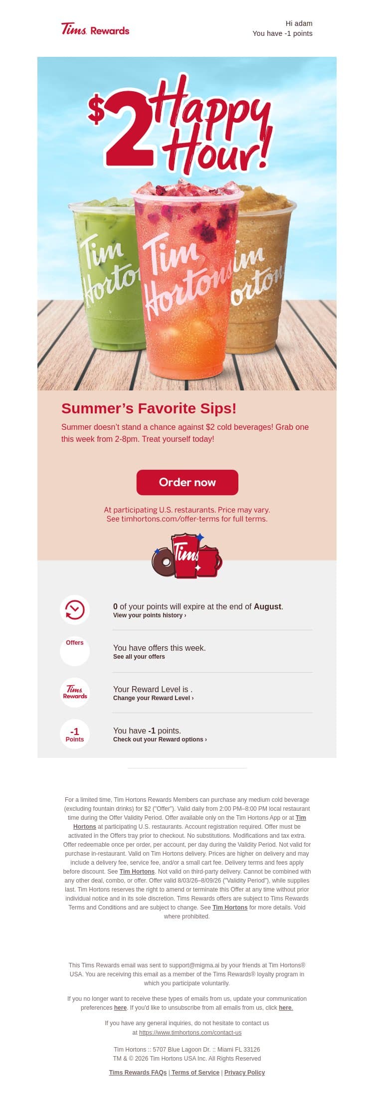 $2 Happy Hour is on! email from Tim Hortons screenshot