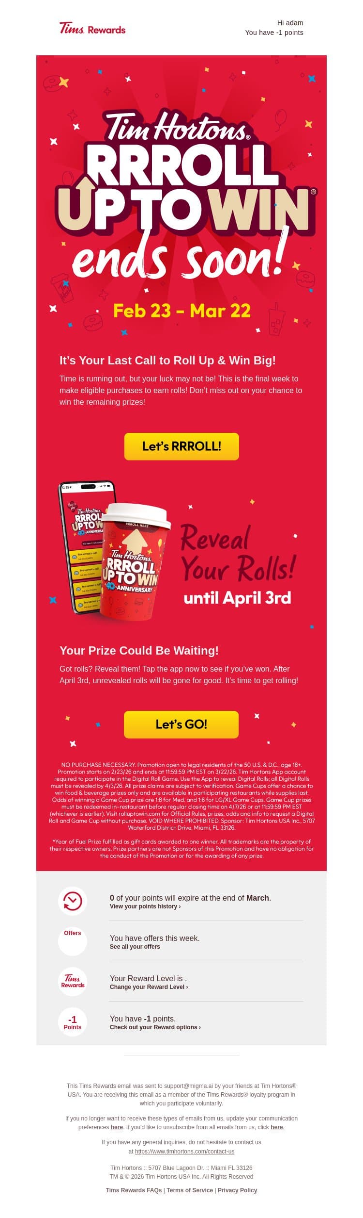 Last Call: Roll Up To Win Ends Soon! email from Tim Hortons screenshot