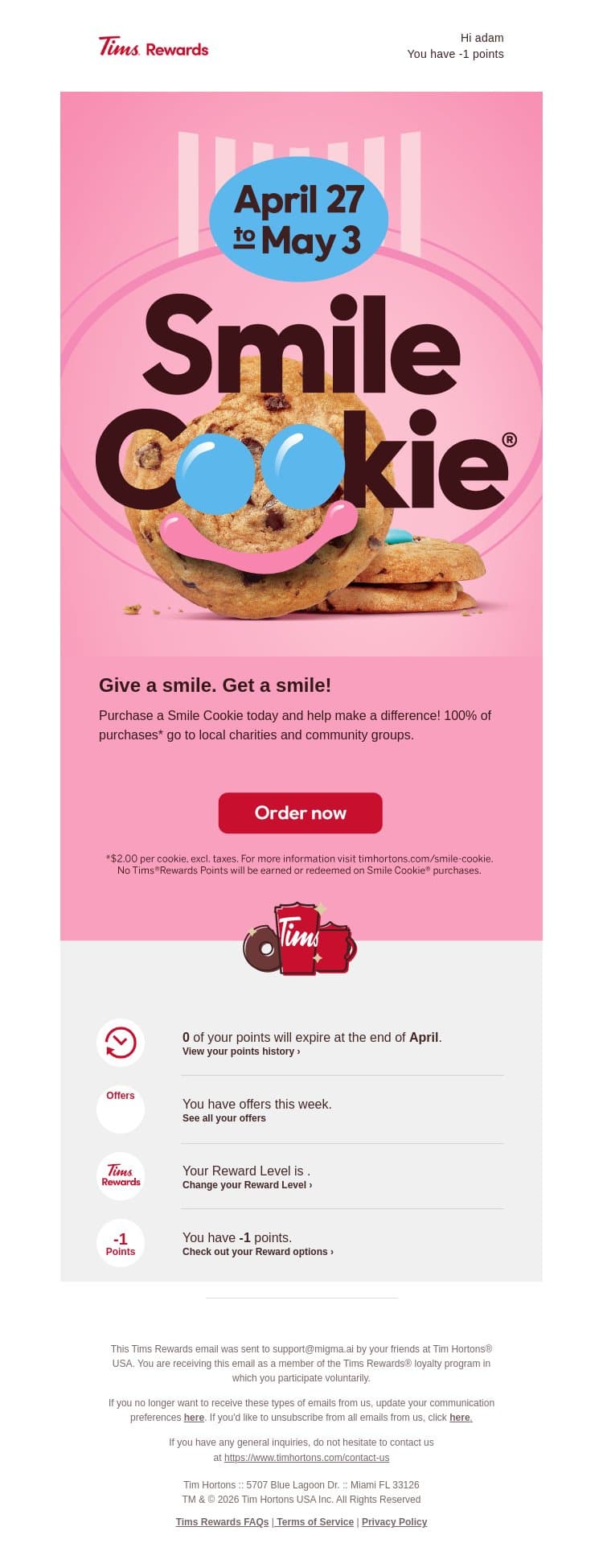 One Cookie, Big Impact email from Tim Hortons screenshot