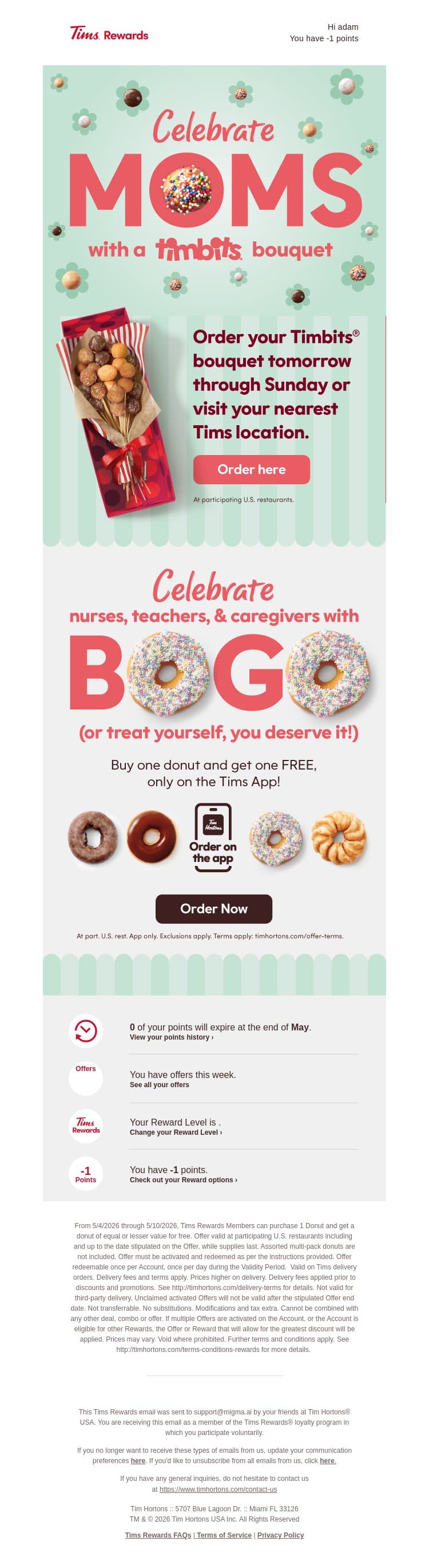 Delight Mom with a delicious Timbits® bouquet! email from Tim Hortons screenshot