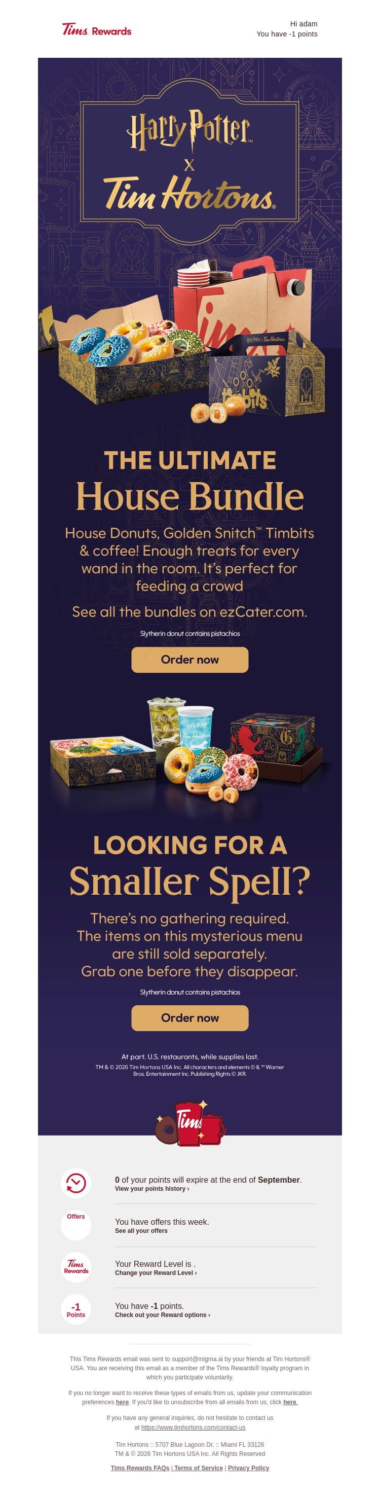 Snitch-Sized Fun, Crowd-Sized Bundles! email from Tim Hortons screenshot