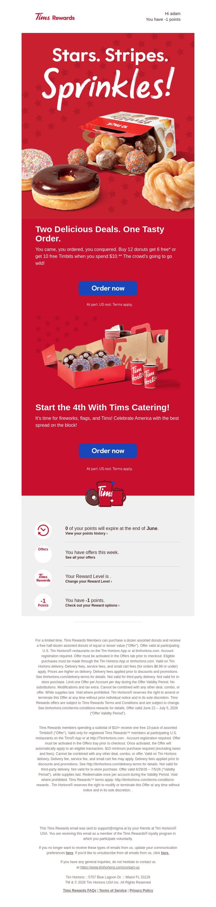 Sweet Deal Inside: Free Donuts or Timbits! 🍩 email from Tim Hortons screenshot