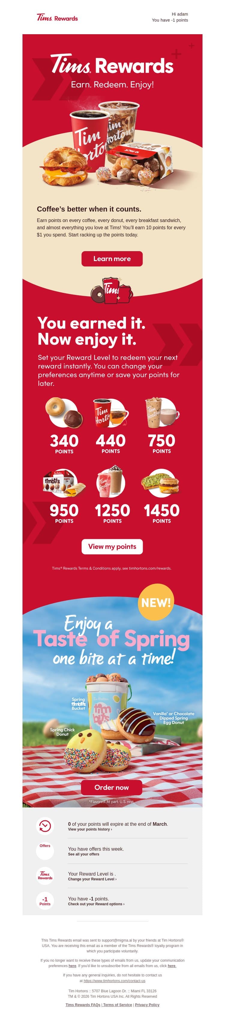 Rack up the Rewards! email from Tim Hortons screenshot