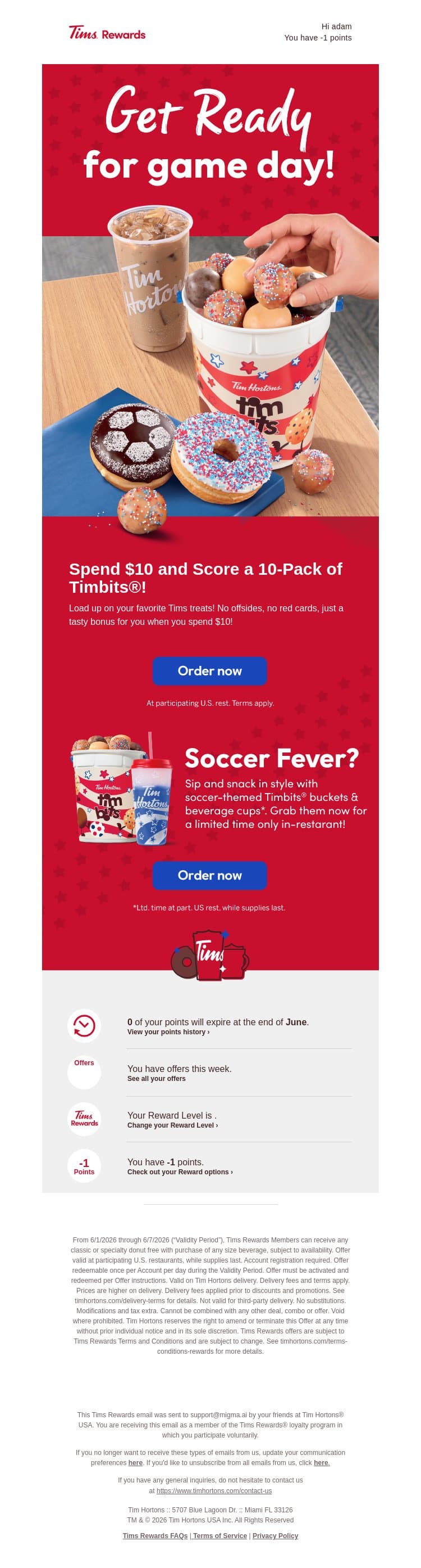 Cheer with Timbits! email from Tim Hortons screenshot