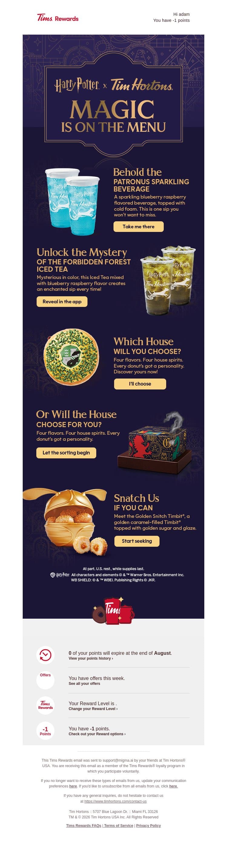 Harry Potter x Tims is Here! email from Tim Hortons screenshot