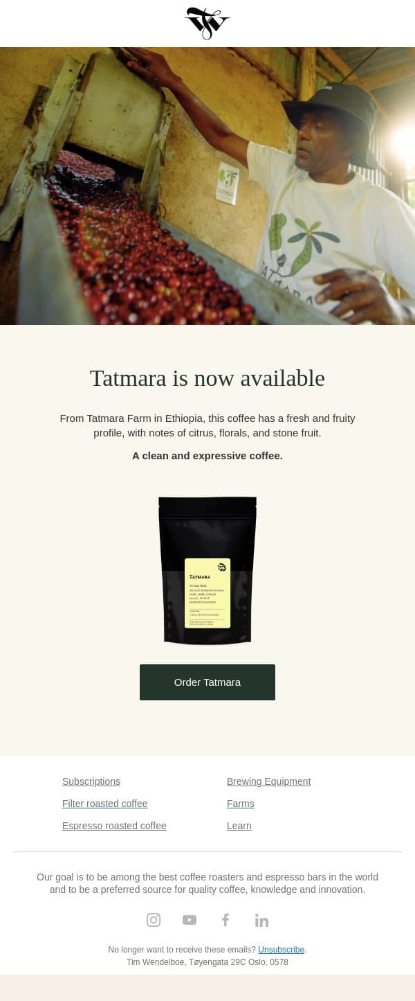 Tatmara from Ethiopia is now available ☕ email from Tim Wendelboe screenshot
