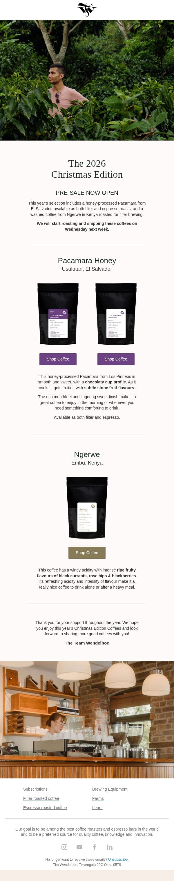 The 2026 Christmas Coffees ☕ email from Tim Wendelboe screenshot