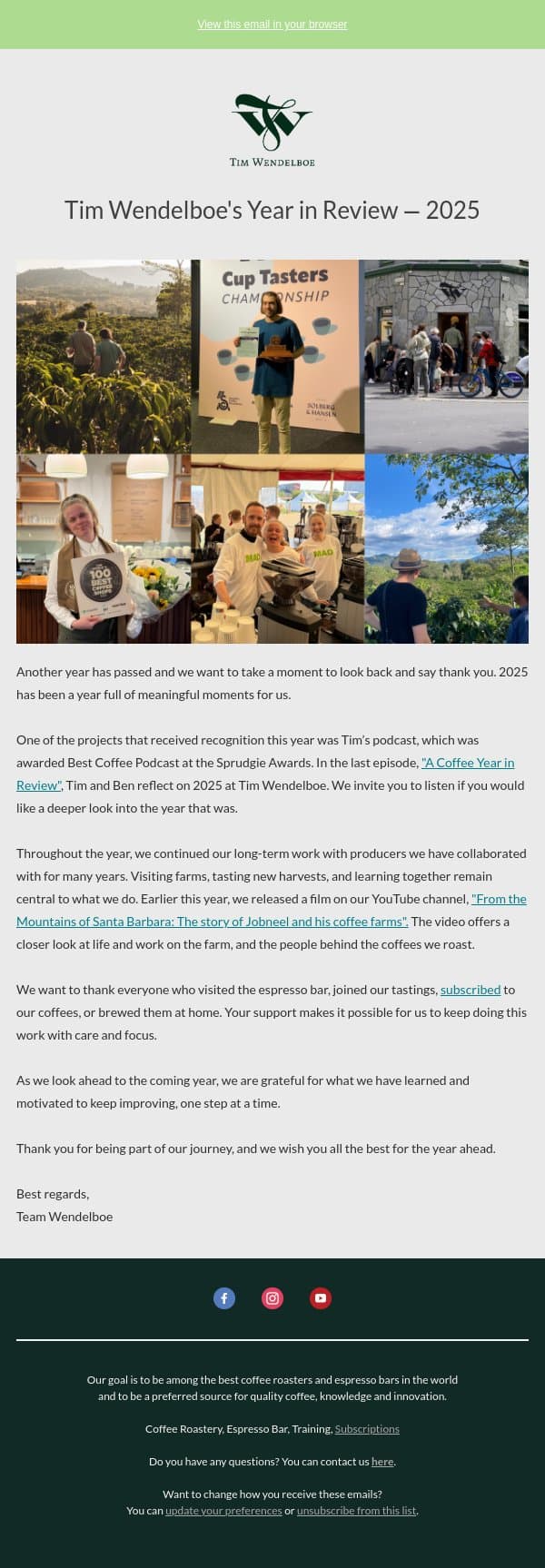 A Look Back at 2025 email from Tim Wendelboe screenshot