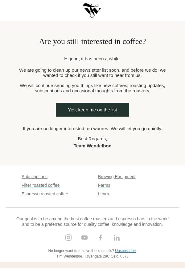 Are you still interested in coffee? ☕ email from Tim Wendelboe screenshot