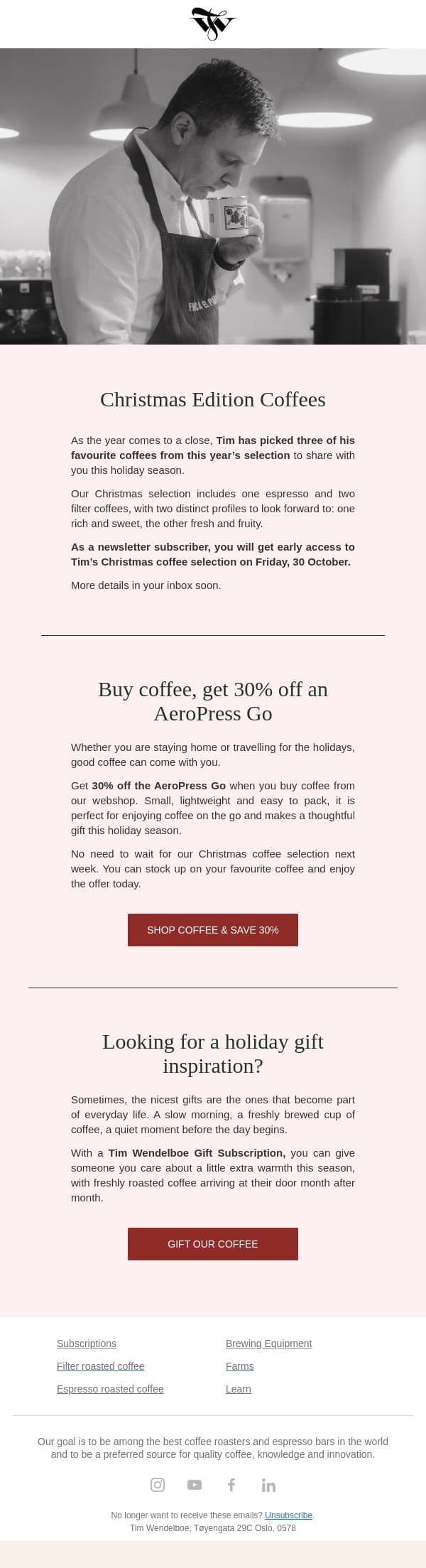 Christmas Edition Coffees ☕ email from Tim Wendelboe screenshot