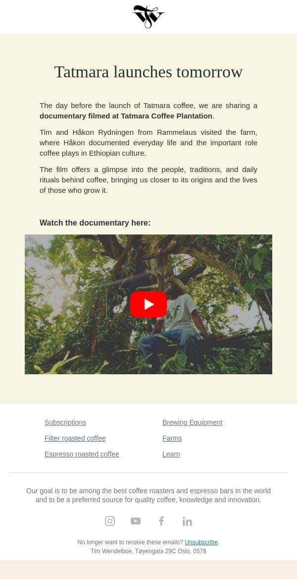 Tatmara launches tomorrow ☕ email from Tim Wendelboe screenshot
