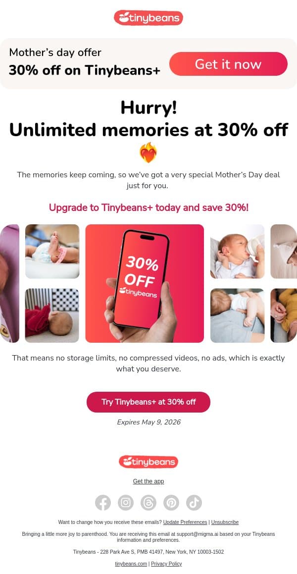 Last chance to save 30% on Tinybeans+ ❤️🔥 email from Tinybeans screenshot