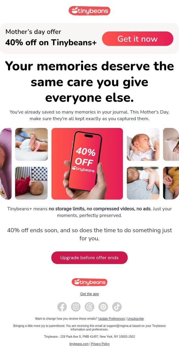 Last chance to do something just for you 🥹 email from Tinybeans screenshot