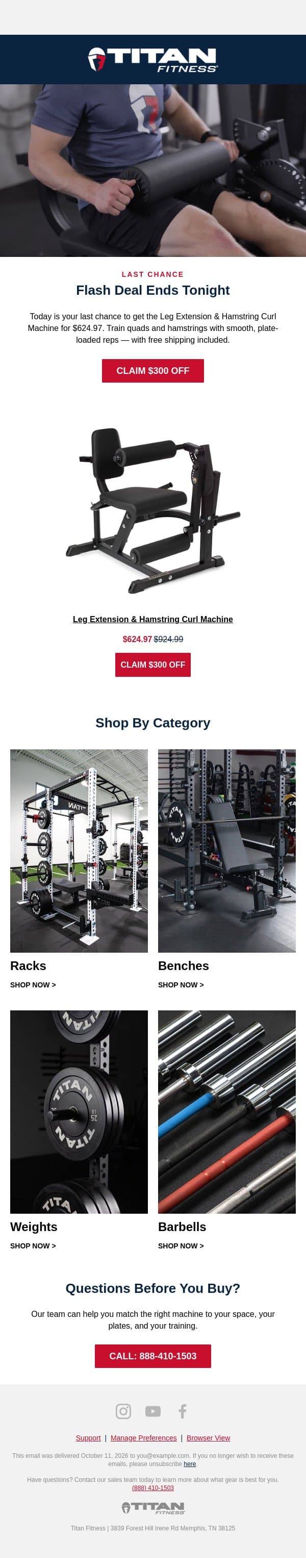 Ends Tonight: $300 Off The Leg Extension & Curl Machine 🦵 email from Titan Fitness screenshot