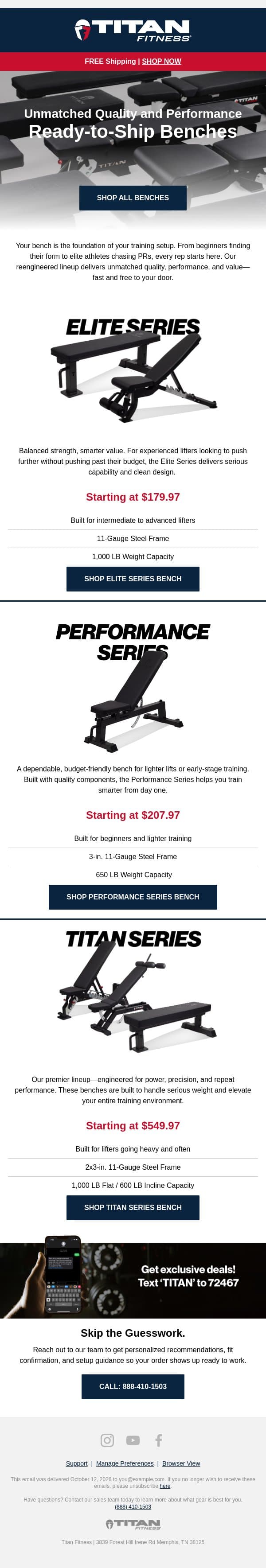 Benches From $179.97, Shipped Free email from Titan Fitness screenshot