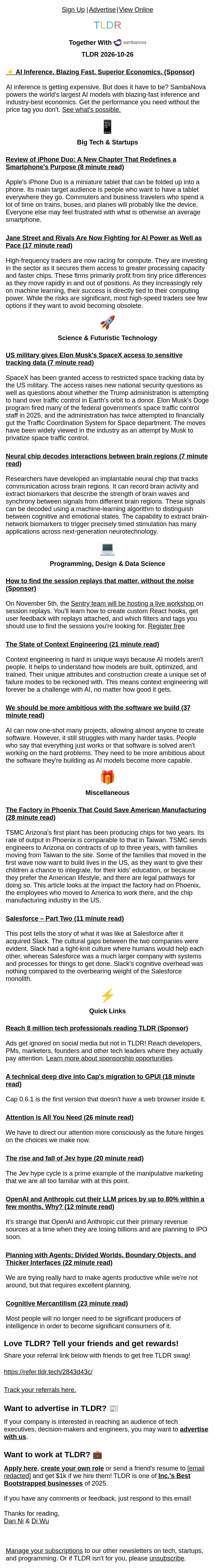 iPhone Duo π±, SpaceX military access π°οΈ, ambitious software π¨βπ» email from TLDR Cybersecurity screenshot