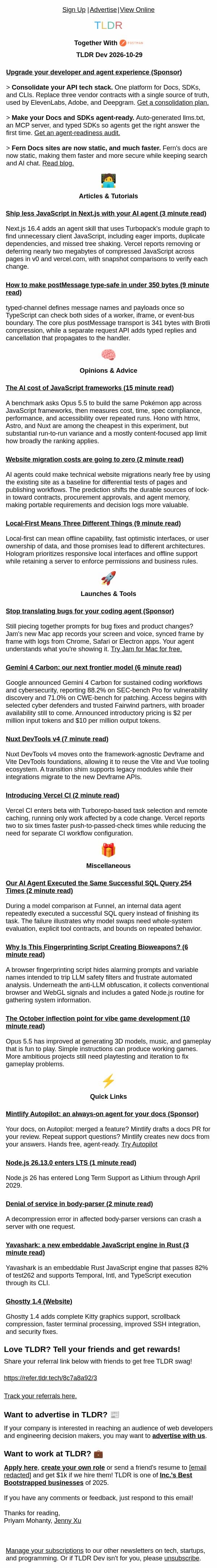 Gemini Carbon ๐, ship less JavaScript ๐ฆ, what frameworks cost AI agents ๐งฎ email from TLDR Cybersecurity screenshot