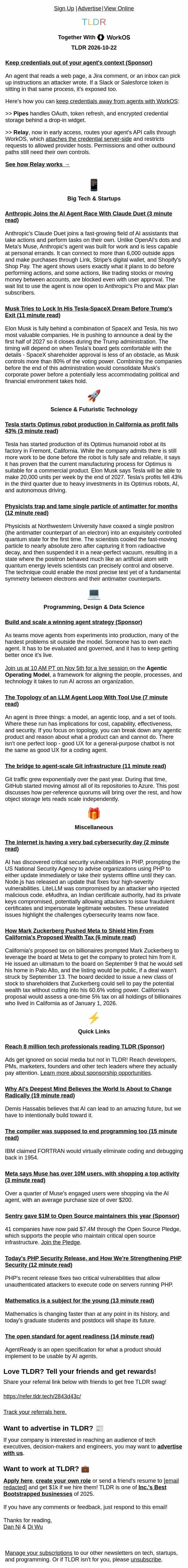 Anthropic's AI agent 🤖, Elon's merger 💰, internet security meltdown 👨💻 email from TLDR Cybersecurity screenshot