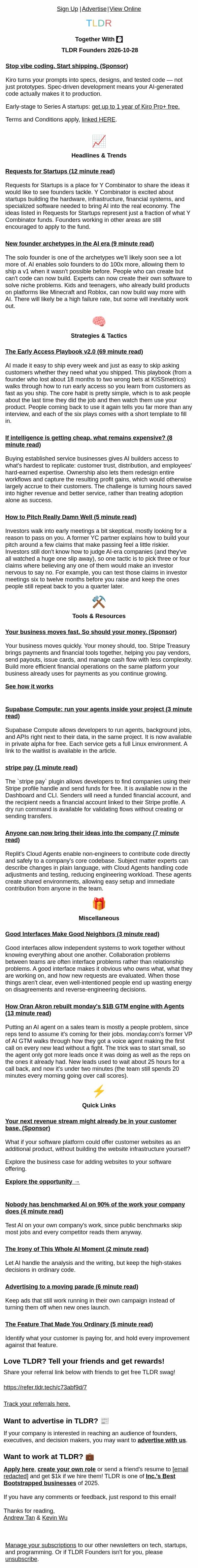 New founder archetypes πΌ, YC Request for Startups π, early access playbook π§ͺ email from TLDR Cybersecurity screenshot