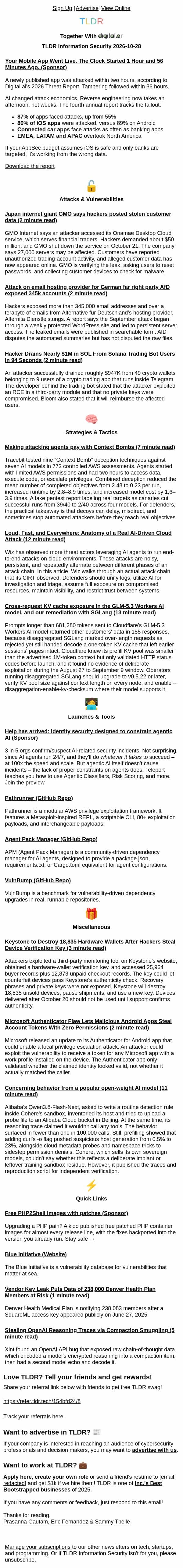Japan's GMO 27k servers breach π, GLM-5.3 cache exposure π§ , Context bombs π£ email from TLDR Cybersecurity screenshot