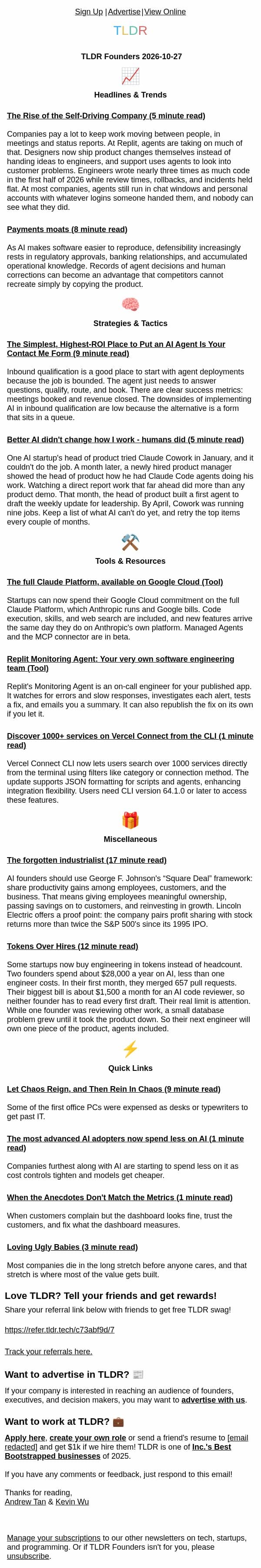 Self-driving companies π€, agent ROI π, tokens over hires πΈ email from TLDR Cybersecurity screenshot