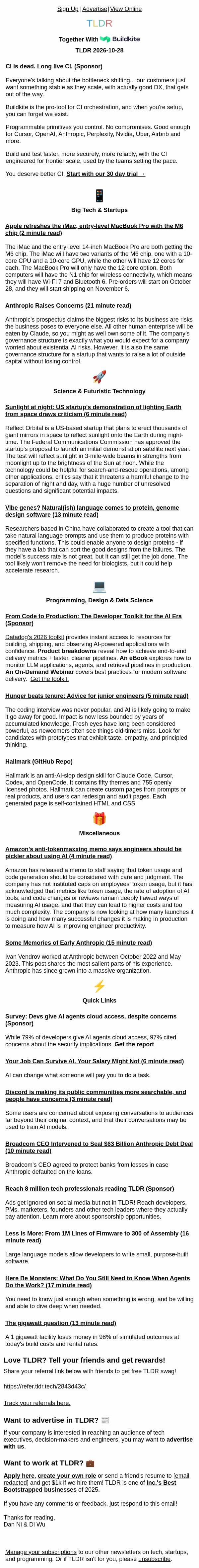 M6 MacBook Pro π», Amazon anti-tokenmaxxing π, advice for junior SWEs π¨βπ» email from TLDR Cybersecurity screenshot