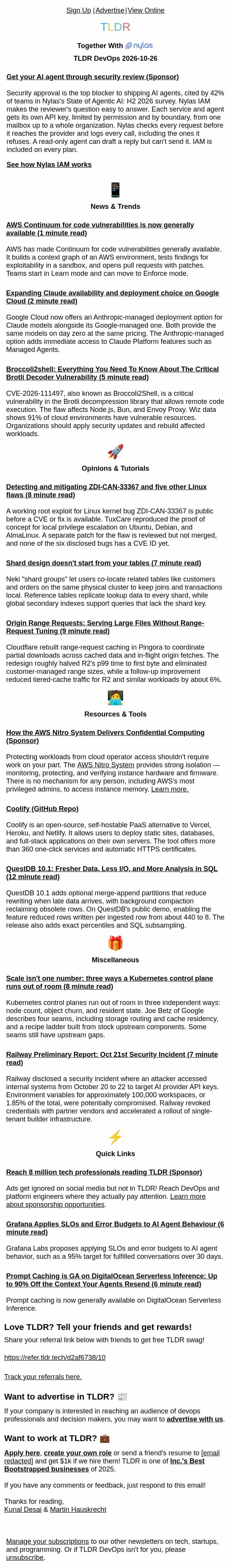 Claude on GCP ☁️, Broccoli2shell 🥷, Railway Security Incident 🛤️ email from TLDR Cybersecurity screenshot