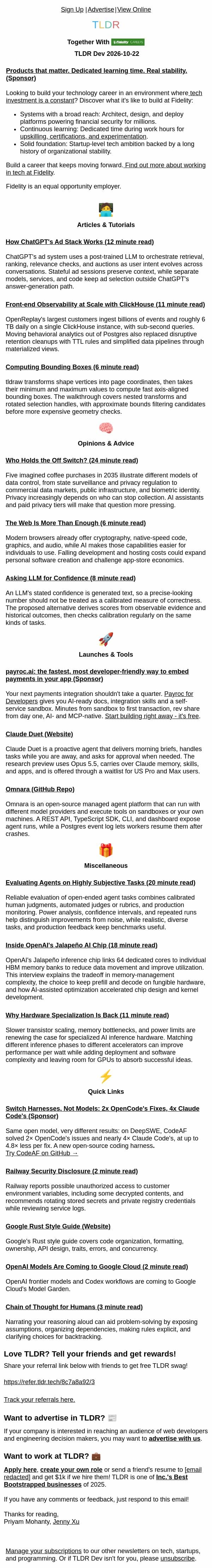 Claude Duet 🤝, ChatGPT’s ad stack 📣, the browser’s untapped power 🌐 email from TLDR Cybersecurity screenshot