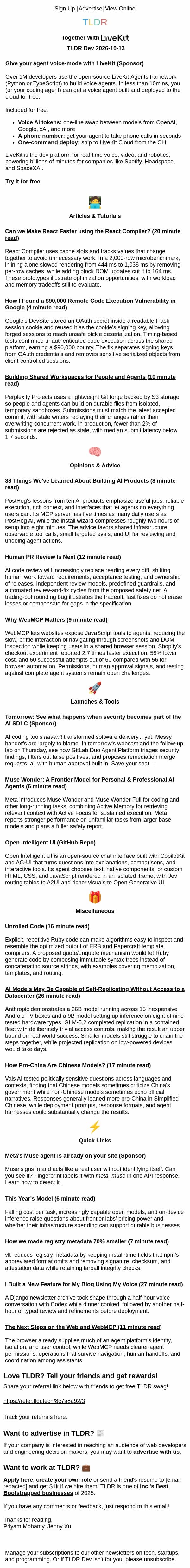 Muse Wonder 🤖, React compiler experiments ⚛️, Open Intelligent UI 📦 email from TLDR Cybersecurity screenshot