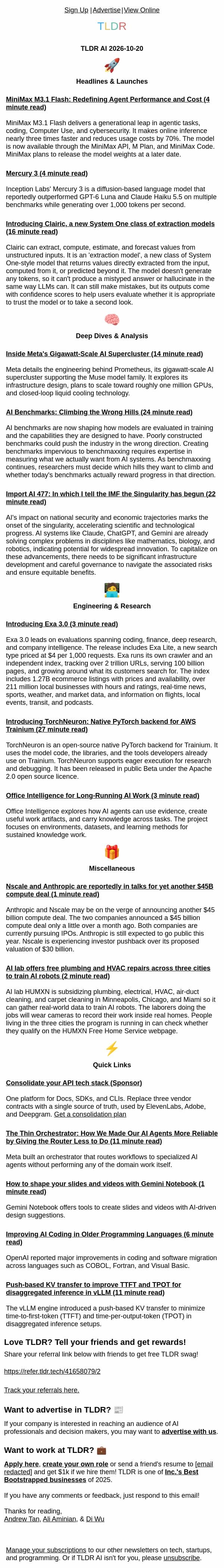 Mercury 3 π€, MiniMax Flash 3.1 β‘, Exa 3 π email from TLDR Cybersecurity screenshot