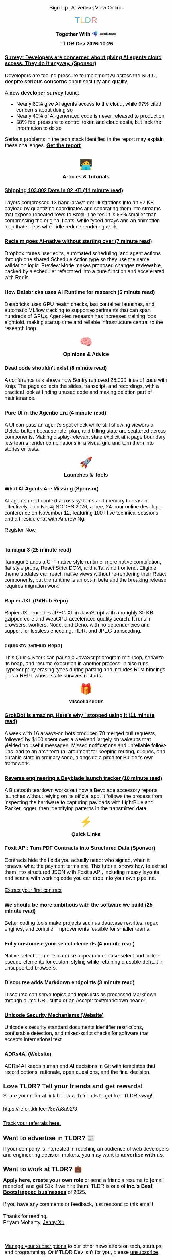 103K dots in 82 KB π¨, JavaScript that resumes tomorrow πΎ, more ambitious software π email from TLDR Cybersecurity screenshot