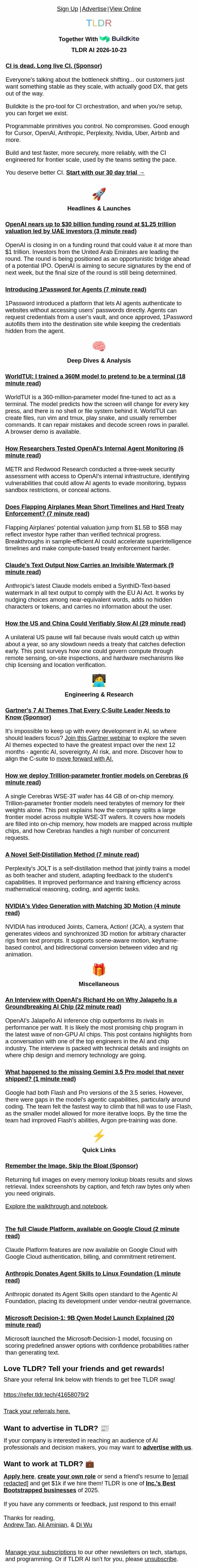 OpenAI nears $1.25T π°, βοΈ, 1Password for Agents π, Gemini 3.5 Pro postmortem π€ email from TLDR Cybersecurity screenshot