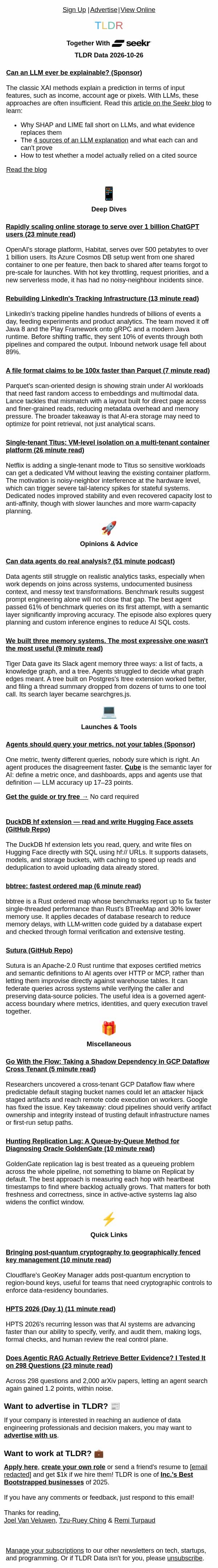 ChatGPT’s Scaled Storage 🗄️, Query Hugging Face Directly 🤗, Can Agents Really Analyze? 🕵️ email from TLDR Cybersecurity screenshot