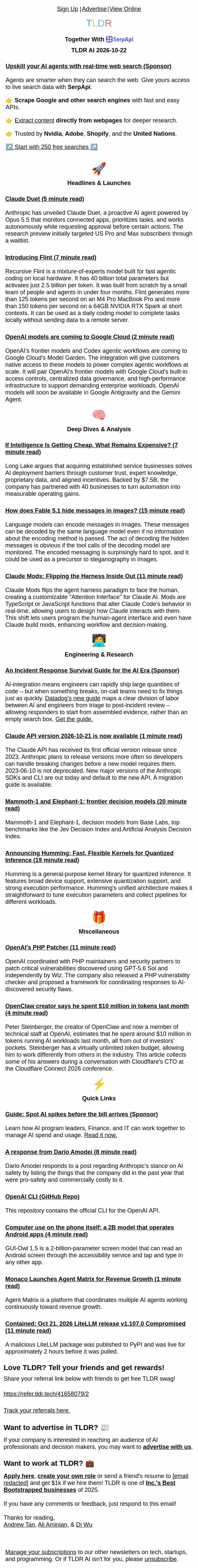 Claude Duet 🤖, Anthropic API changes 👨💻, Recursive’s local model 💻 email from TLDR Cybersecurity screenshot