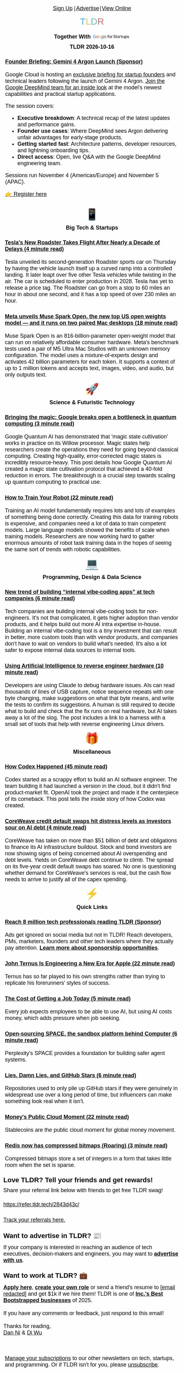 Tesla Roadster π, Muse Spark Open β¨, internal vibe coding π¨βπ» email from TLDR Cybersecurity screenshot