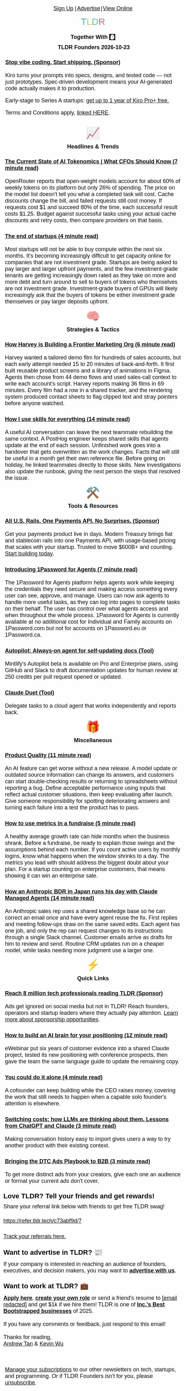 AI token economics ๐ธ, product quality ๐จโ๐ป, frontier marketing ๐ email from TLDR Cybersecurity screenshot